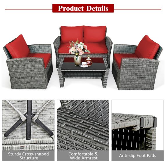 Costway 4PCS Patio Rattan Furniture Set Sofa Table W/Storage Shelf And Cushion